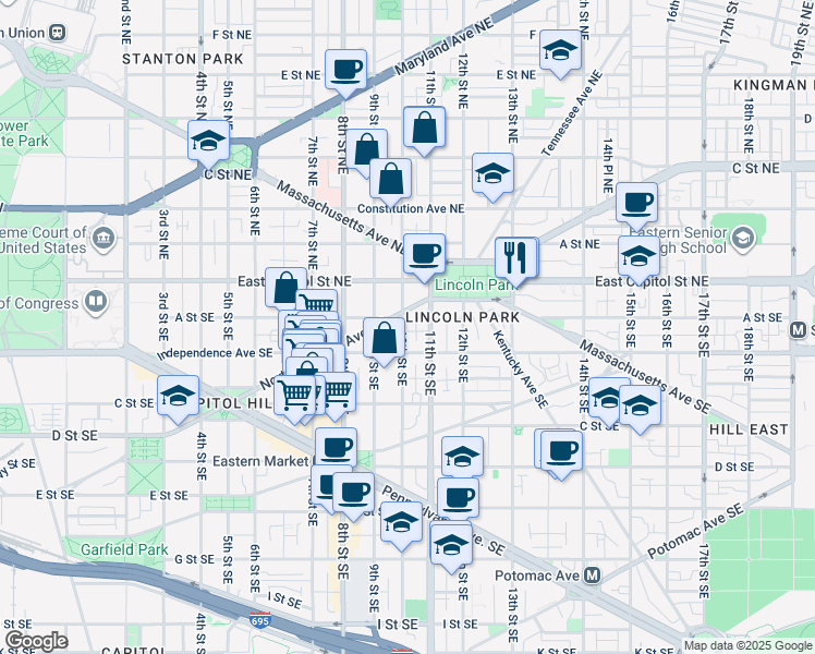 map of restaurants, bars, coffee shops, grocery stores, and more near 110 10th Street Southeast in Washington