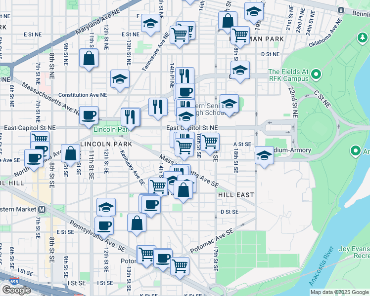 map of restaurants, bars, coffee shops, grocery stores, and more near 101 Independence Avenue Southeast in Washington