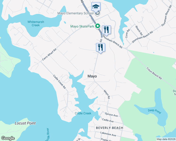 map of restaurants, bars, coffee shops, grocery stores, and more near 1301 Mayo Road in Edgewater