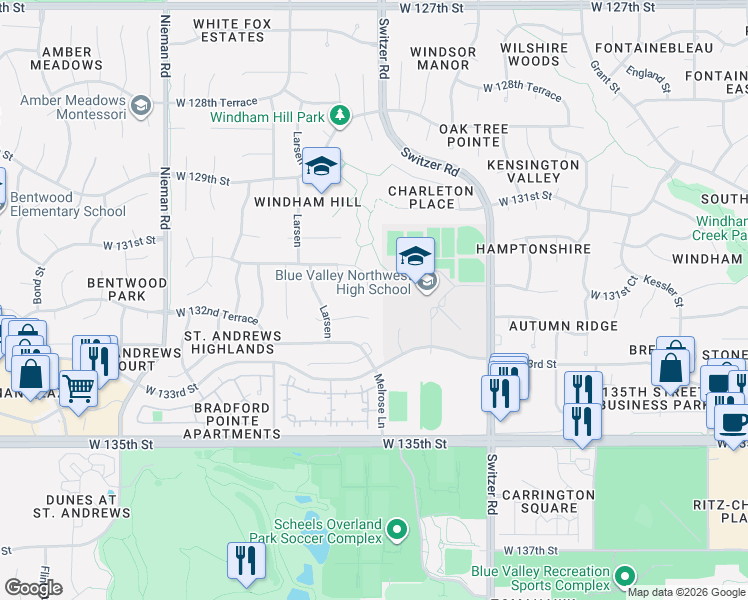 map of restaurants, bars, coffee shops, grocery stores, and more near 10464 West 131st Street in Overland Park