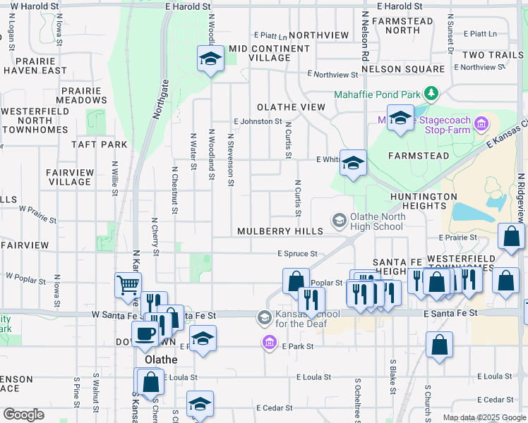 map of restaurants, bars, coffee shops, grocery stores, and more near 524 North Walker in Olathe