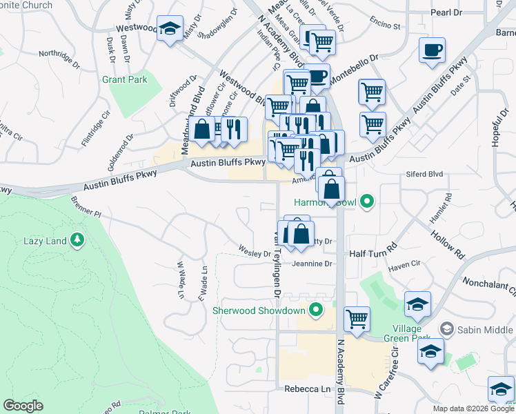 map of restaurants, bars, coffee shops, grocery stores, and more near 3983 Aspen Leaf Point in Colorado Springs