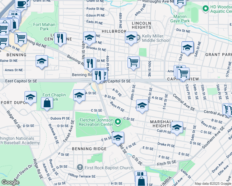 map of restaurants, bars, coffee shops, grocery stores, and more near 4641 A Street Southeast in Washington