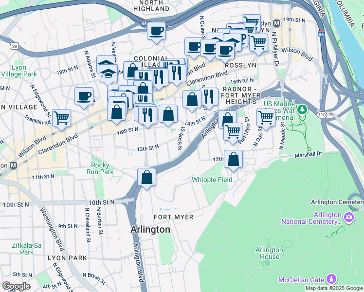 map of restaurants, bars, coffee shops, grocery stores, and more near 1215 North Scott Street in Arlington