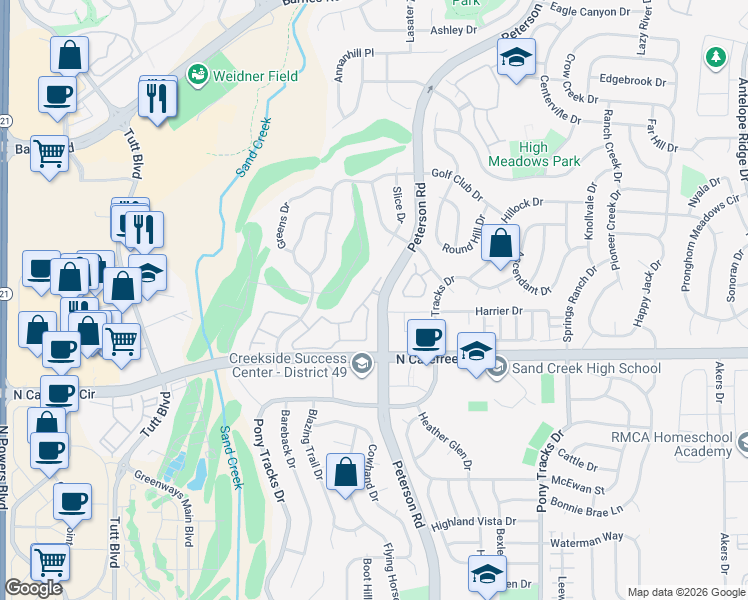 map of restaurants, bars, coffee shops, grocery stores, and more near 3976 Riviera Grove in Colorado Springs