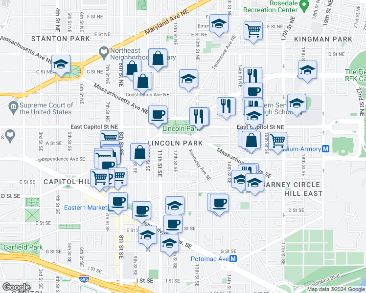 map of restaurants, bars, coffee shops, grocery stores, and more near 129 Kentucky Avenue Southeast in Washington