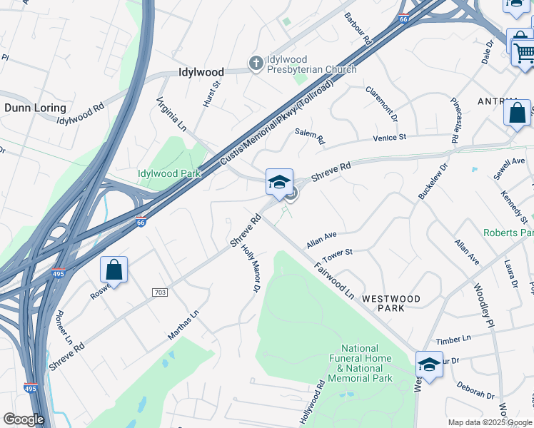 map of restaurants, bars, coffee shops, grocery stores, and more near 7536 Fairwood Lane in Falls Church