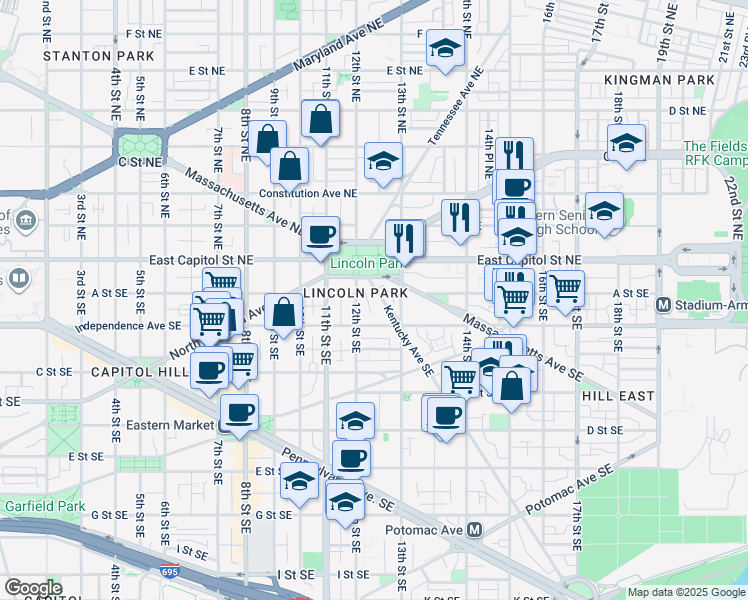 map of restaurants, bars, coffee shops, grocery stores, and more near 129 Kentucky Avenue Southeast in Washington