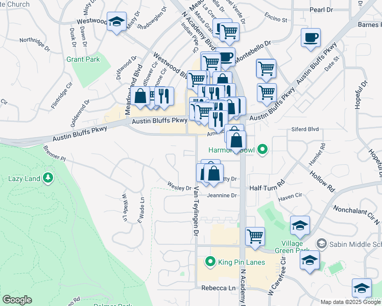 map of restaurants, bars, coffee shops, grocery stores, and more near 3928 Aspen Leaf Point in Colorado Springs