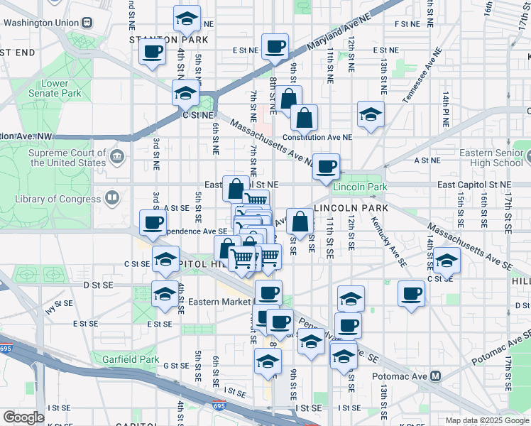 map of restaurants, bars, coffee shops, grocery stores, and more near 719 A Street Southeast in Washington