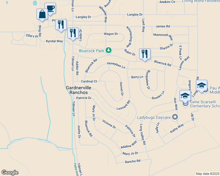 map of restaurants, bars, coffee shops, grocery stores, and more near 1369 Cardinal Court in Gardnerville