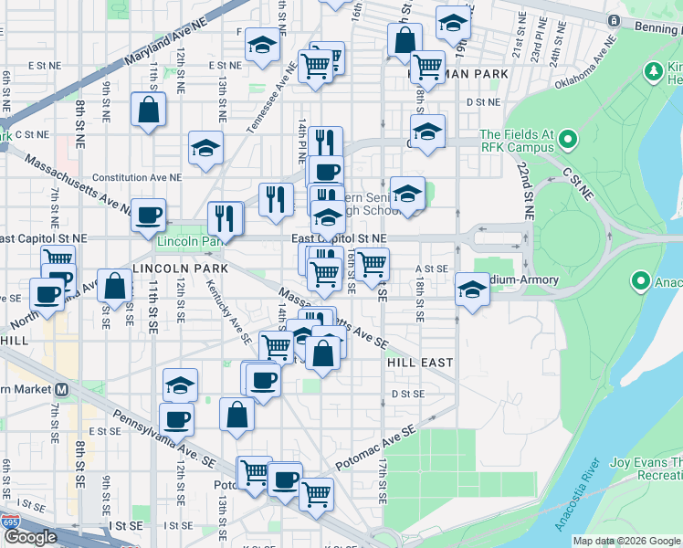 map of restaurants, bars, coffee shops, grocery stores, and more near 1525 A Street Southeast in Washington