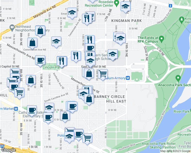 map of restaurants, bars, coffee shops, grocery stores, and more near 101 Independence Avenue Southeast in Washington