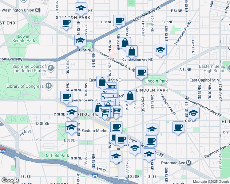 map of restaurants, bars, coffee shops, grocery stores, and more near 719 A Street Southeast in Washington