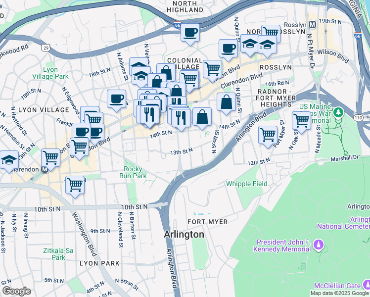 map of restaurants, bars, coffee shops, grocery stores, and more near 1301 North Courthouse Road in Arlington