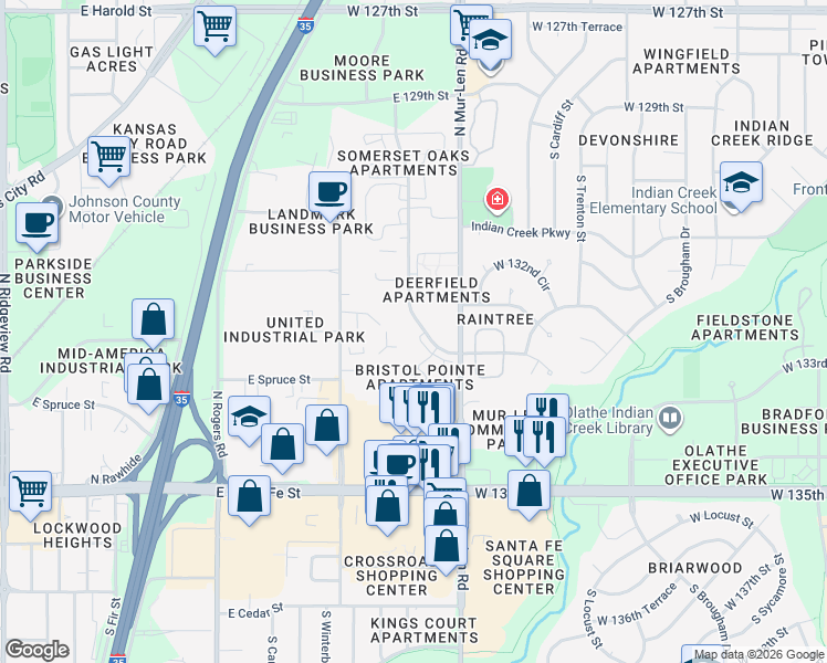 map of restaurants, bars, coffee shops, grocery stores, and more near 569 North Somerset Terrace in Olathe