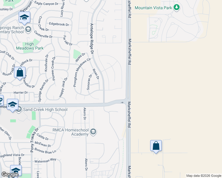 map of restaurants, bars, coffee shops, grocery stores, and more near Antelope Ridge Dr in Colorado Springs