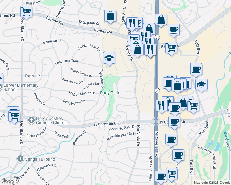 map of restaurants, bars, coffee shops, grocery stores, and more near 4040 Vicksburg Terrace in Colorado Springs