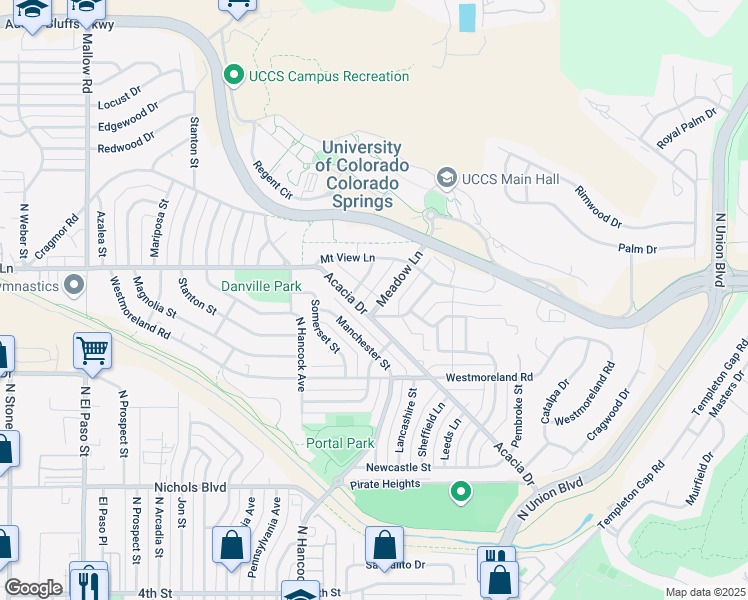 map of restaurants, bars, coffee shops, grocery stores, and more near 3841 Linda Vista Lane in Colorado Springs