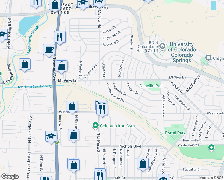 map of restaurants, bars, coffee shops, grocery stores, and more near 874 Westmoreland Road in Colorado Springs