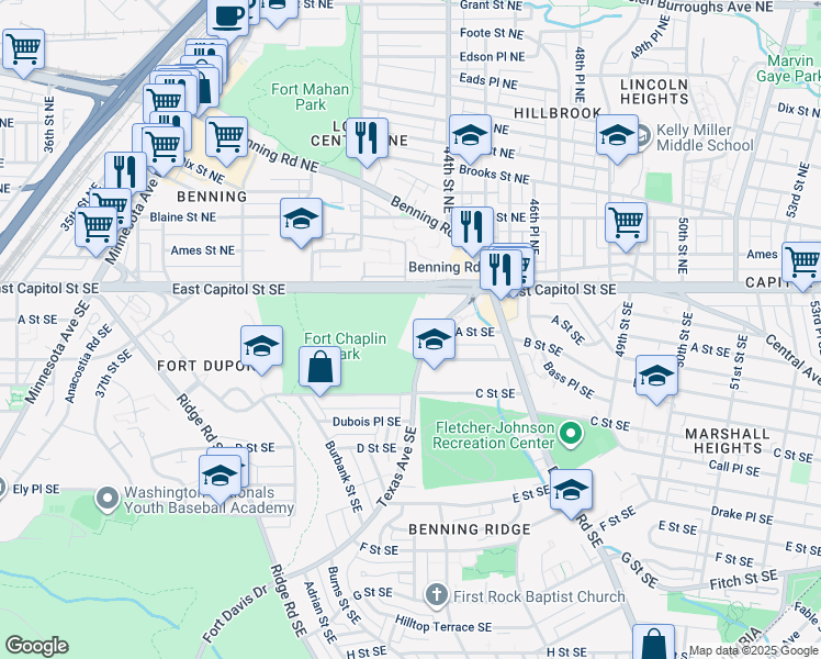 map of restaurants, bars, coffee shops, grocery stores, and more near 4209 East Capitol Street Southeast in Washington