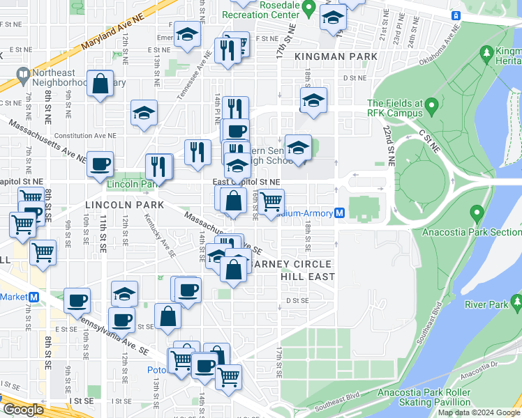 map of restaurants, bars, coffee shops, grocery stores, and more near 101 Independence Avenue Southeast in Washington