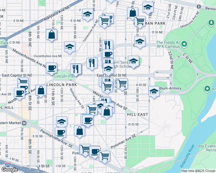 map of restaurants, bars, coffee shops, grocery stores, and more near 101 Independence Avenue Southeast in Washington