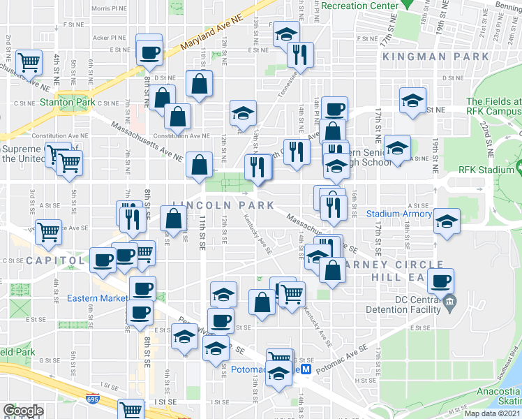 map of restaurants, bars, coffee shops, grocery stores, and more near 101 Independence Avenue Southeast in Washington