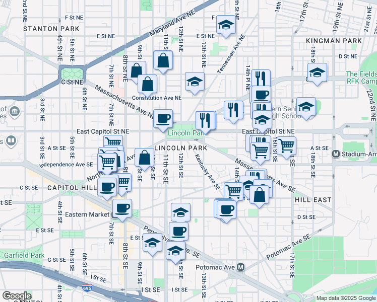 map of restaurants, bars, coffee shops, grocery stores, and more near 101 Independence Avenue Southeast in Washington
