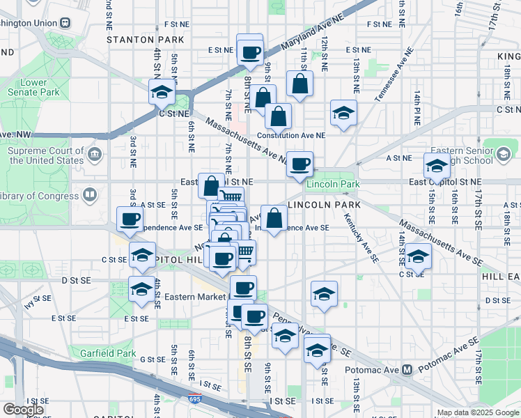 map of restaurants, bars, coffee shops, grocery stores, and more near 101 Independence Avenue Southeast in Washington