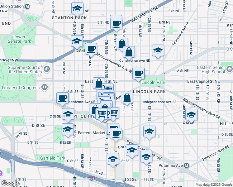 map of restaurants, bars, coffee shops, grocery stores, and more near 101 Independence Avenue Southeast in Washington