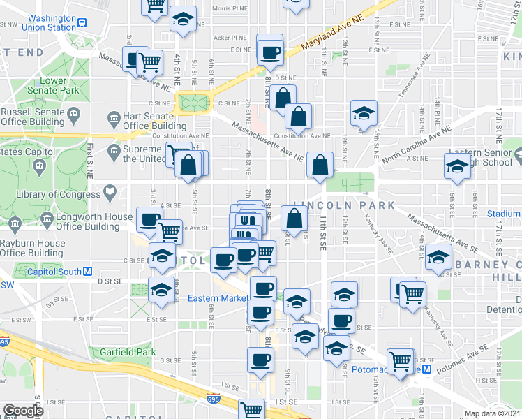 map of restaurants, bars, coffee shops, grocery stores, and more near 21 8th Street Southeast in Washington