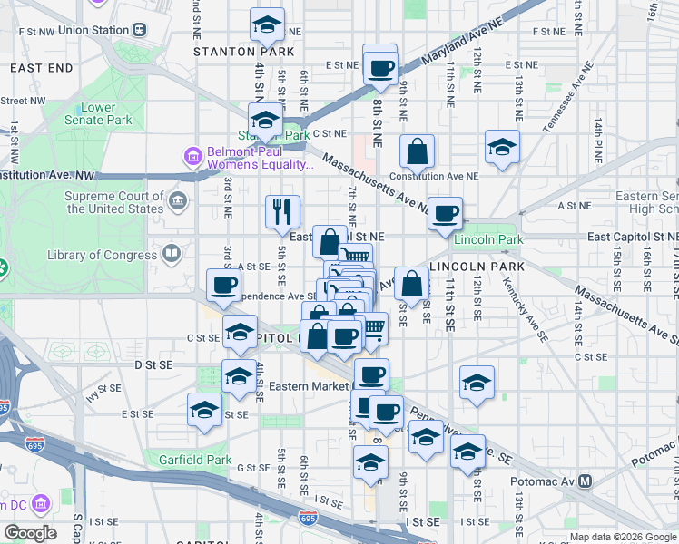 map of restaurants, bars, coffee shops, grocery stores, and more near 101 Independence Avenue Southeast in Washington