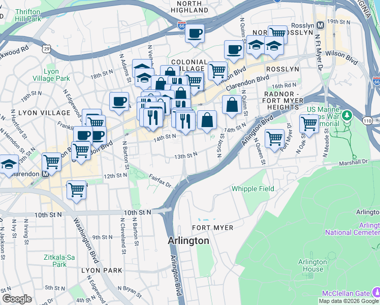 map of restaurants, bars, coffee shops, grocery stores, and more near 101 Independence Avenue Southeast in Washington