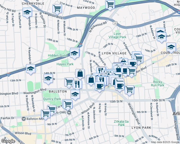 map of restaurants, bars, coffee shops, grocery stores, and more near 1406 North Jackson Street in Arlington