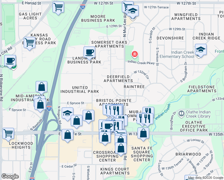 map of restaurants, bars, coffee shops, grocery stores, and more near 569 North Somerset Terrace in Olathe