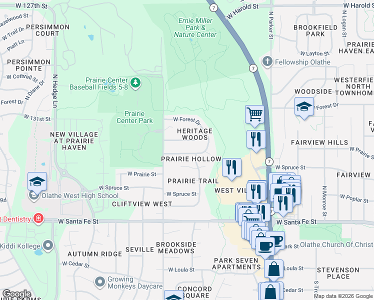 map of restaurants, bars, coffee shops, grocery stores, and more near 1517 West Mulberry Street in Olathe