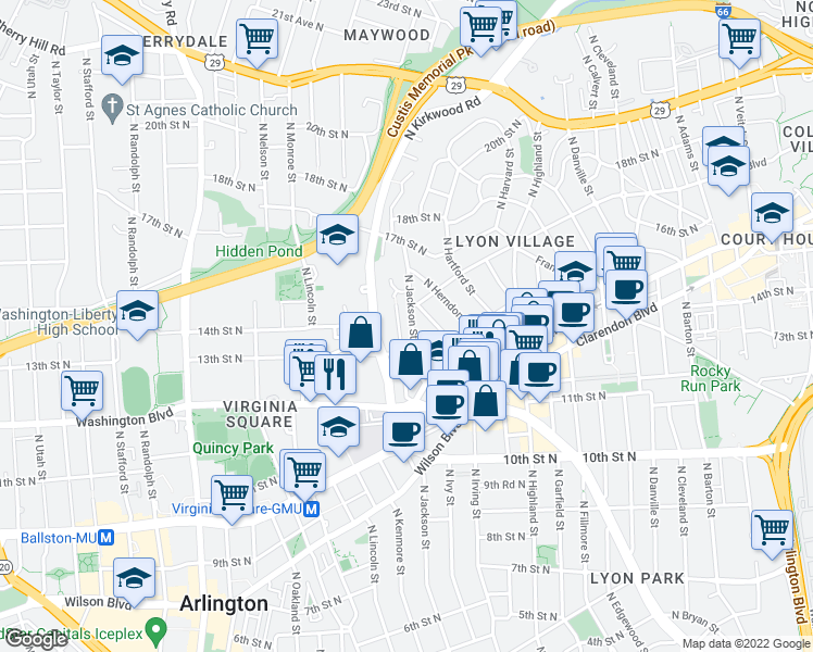 map of restaurants, bars, coffee shops, grocery stores, and more near 1406 North Jackson Street in Arlington
