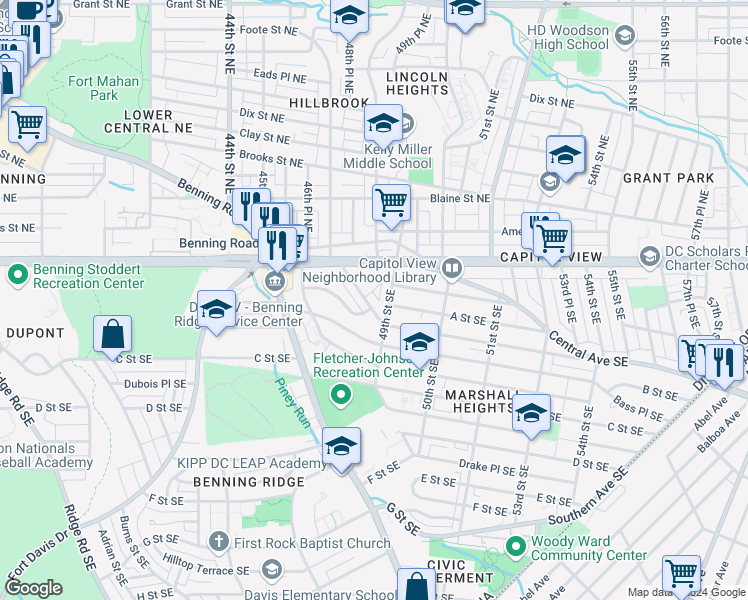 map of restaurants, bars, coffee shops, grocery stores, and more near 46 47th Street Southeast in Washington