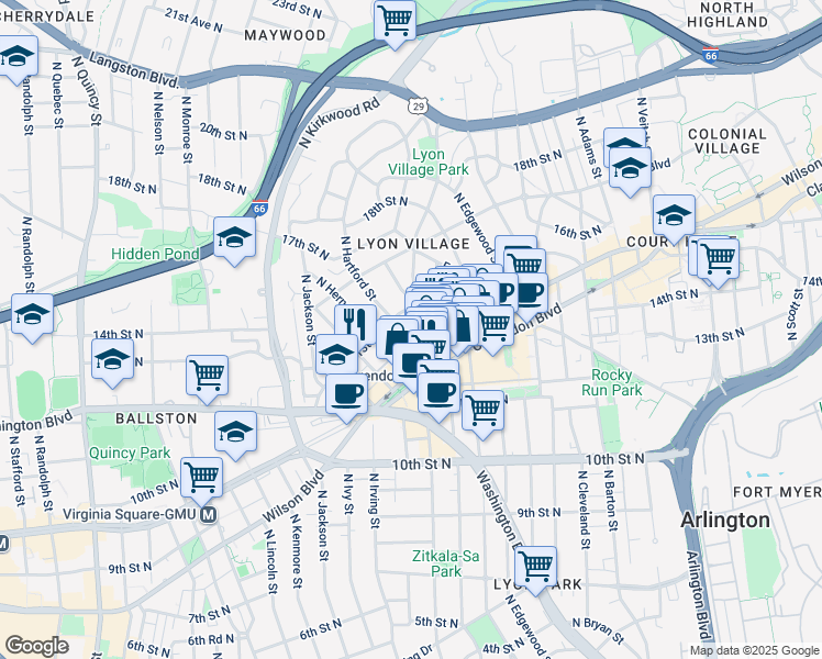 map of restaurants, bars, coffee shops, grocery stores, and more near 1210 North Highland Street in Arlington