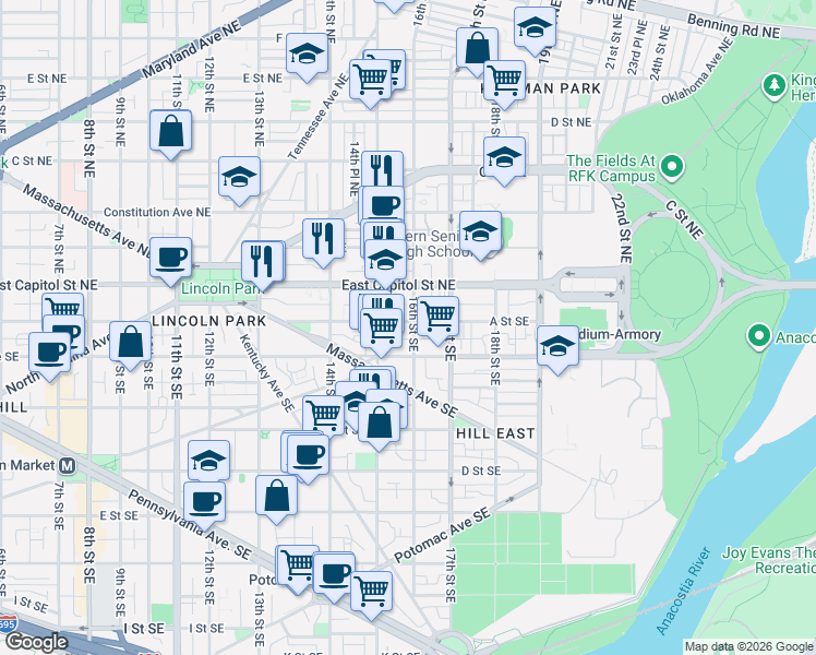 map of restaurants, bars, coffee shops, grocery stores, and more near 101 Independence Avenue Southeast in Washington