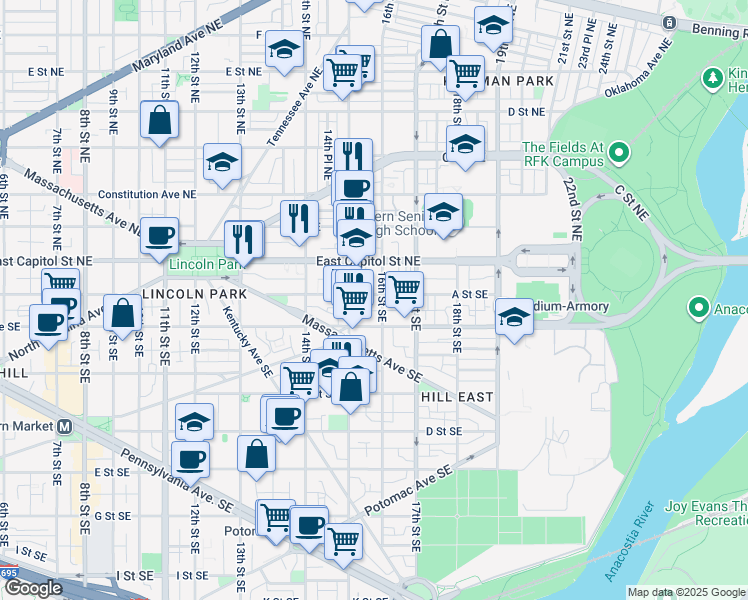 map of restaurants, bars, coffee shops, grocery stores, and more near 1531 A Street Southeast in Washington