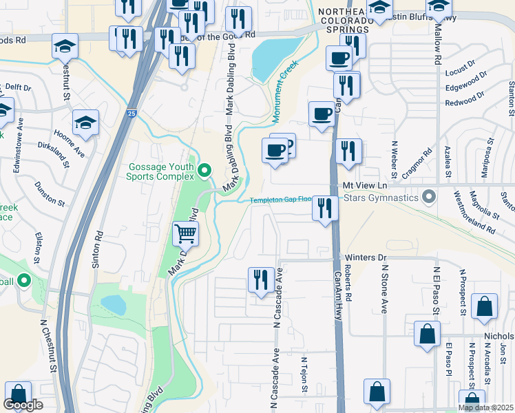 map of restaurants, bars, coffee shops, grocery stores, and more near 3834 North Cascade Avenue in Colorado Springs