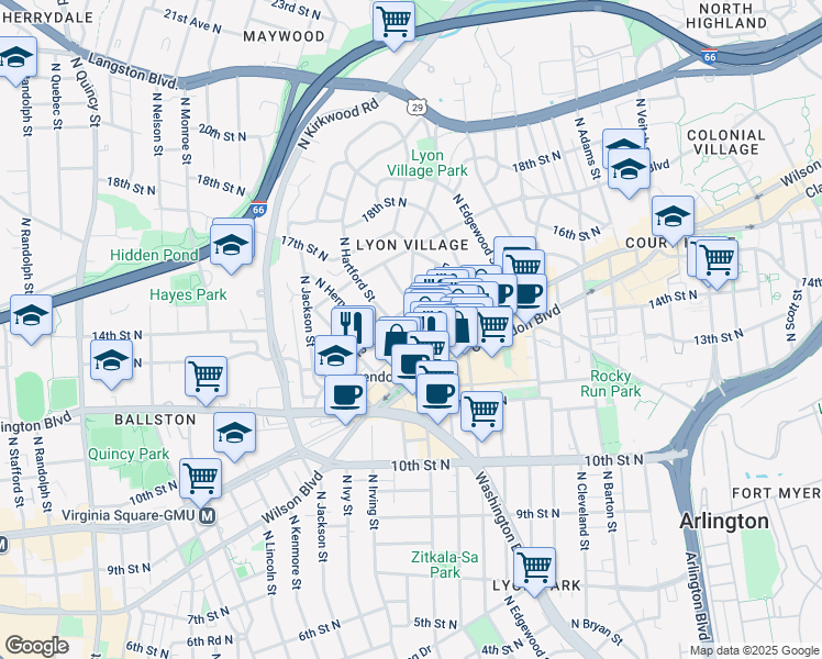 map of restaurants, bars, coffee shops, grocery stores, and more near 1210 North Highland Street in Arlington