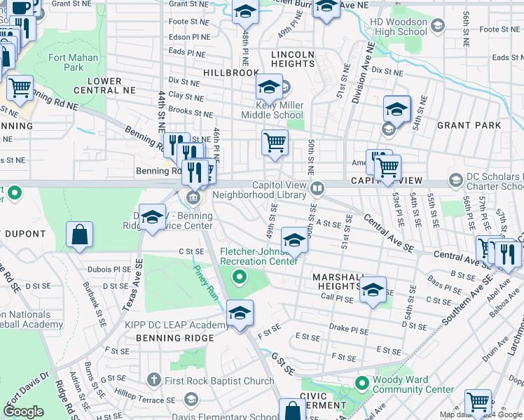 map of restaurants, bars, coffee shops, grocery stores, and more near 44 47th Street Southeast in Washington