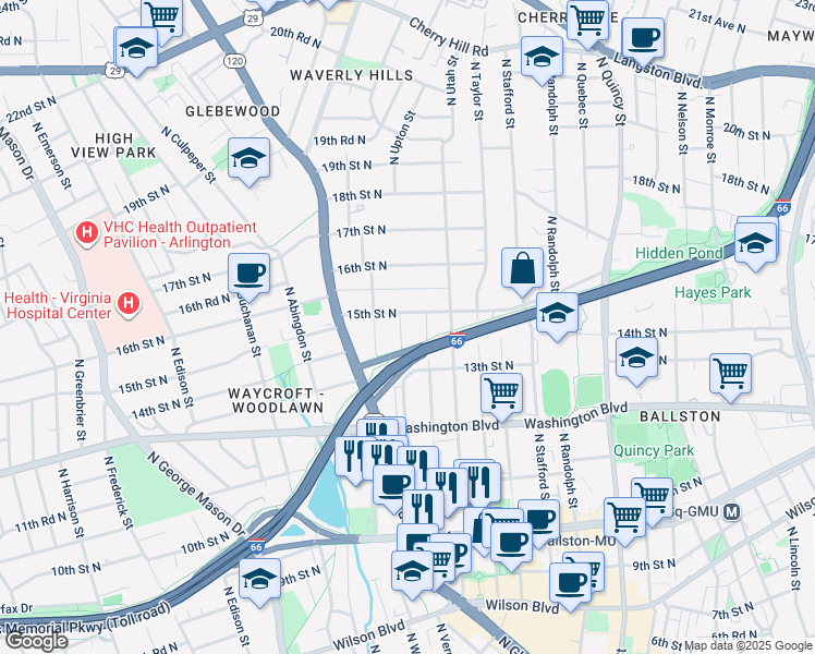 map of restaurants, bars, coffee shops, grocery stores, and more near 1411 North Vernon Street in Arlington