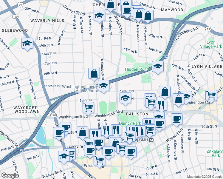 map of restaurants, bars, coffee shops, grocery stores, and more near 1426 North Quincy Street in Arlington