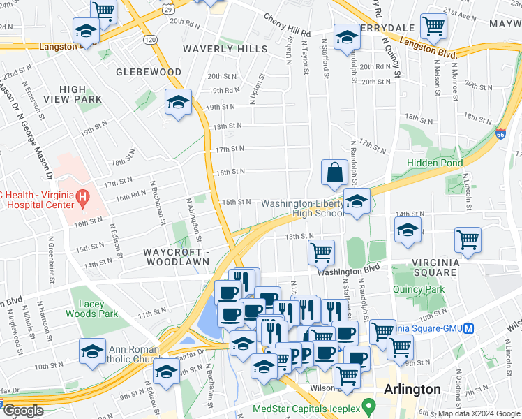 map of restaurants, bars, coffee shops, grocery stores, and more near 1411 North Vernon Street in Arlington