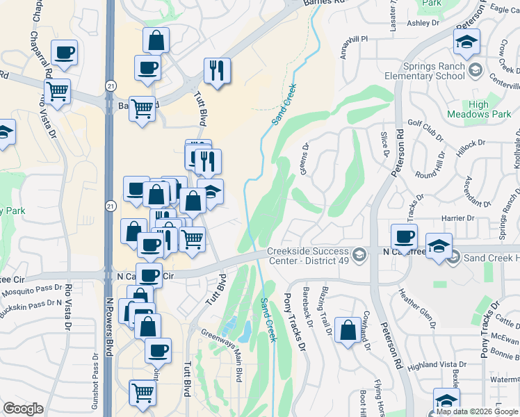 map of restaurants, bars, coffee shops, grocery stores, and more near 6320 Verrado Place in Colorado Springs