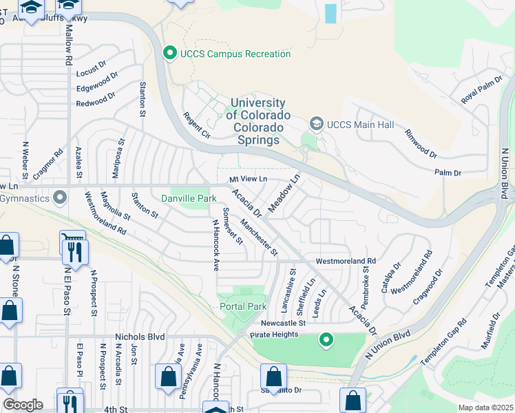 map of restaurants, bars, coffee shops, grocery stores, and more near 3841 Linda Vista Lane in Colorado Springs